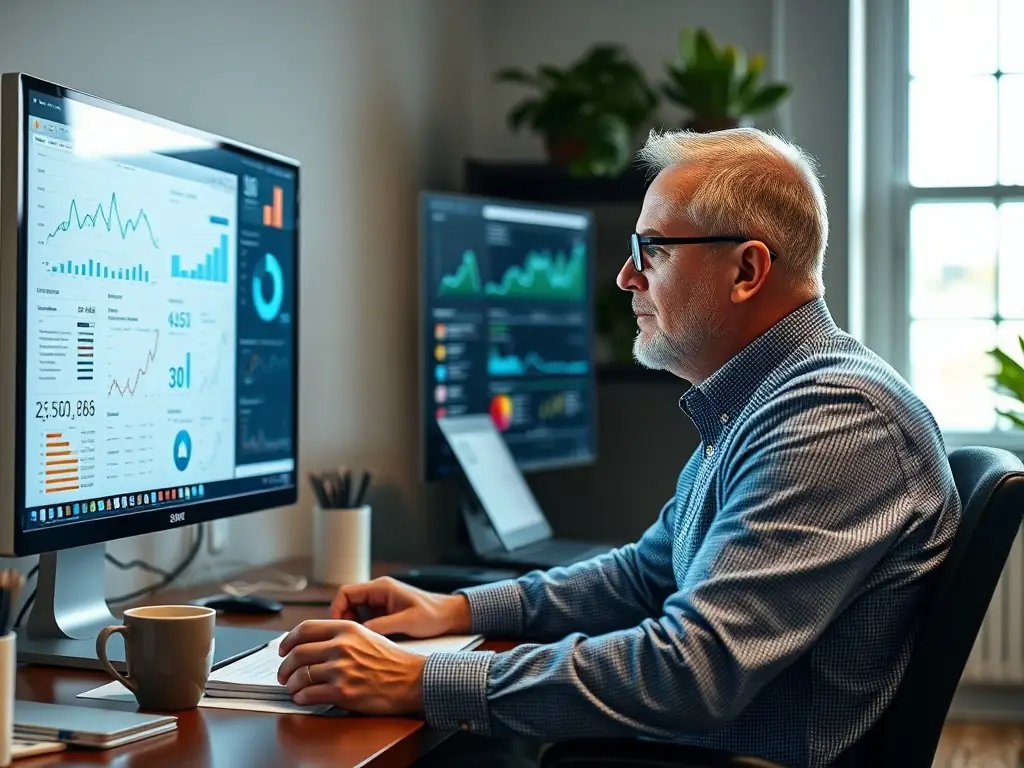A professional SEO specialist is analyzing website analytics data on a computer screen, showcasing the process of tracking and improving website performance.