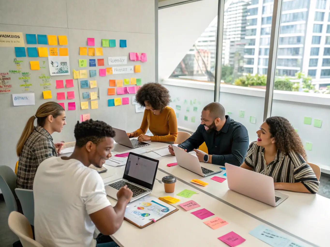 A diverse team of digital marketing experts collaborating in a modern office setting, brainstorming and implementing SEO strategies for clients.
