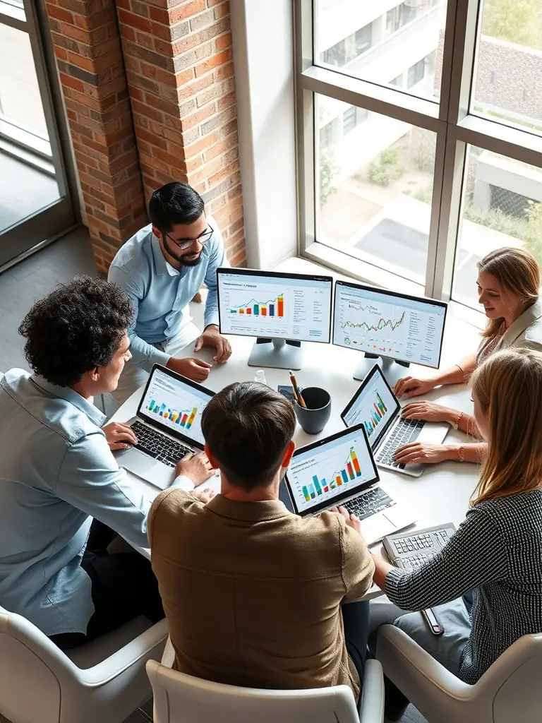 A professional photo of a team brainstorming SEO strategies in a modern office setting, showcasing OmegaQube's expertise in search engine optimization.