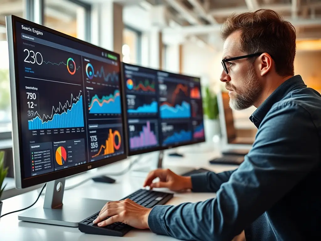An image showcasing a team of digital marketers analyzing SEO data on a computer screen, with charts and graphs illustrating website traffic and keyword rankings.