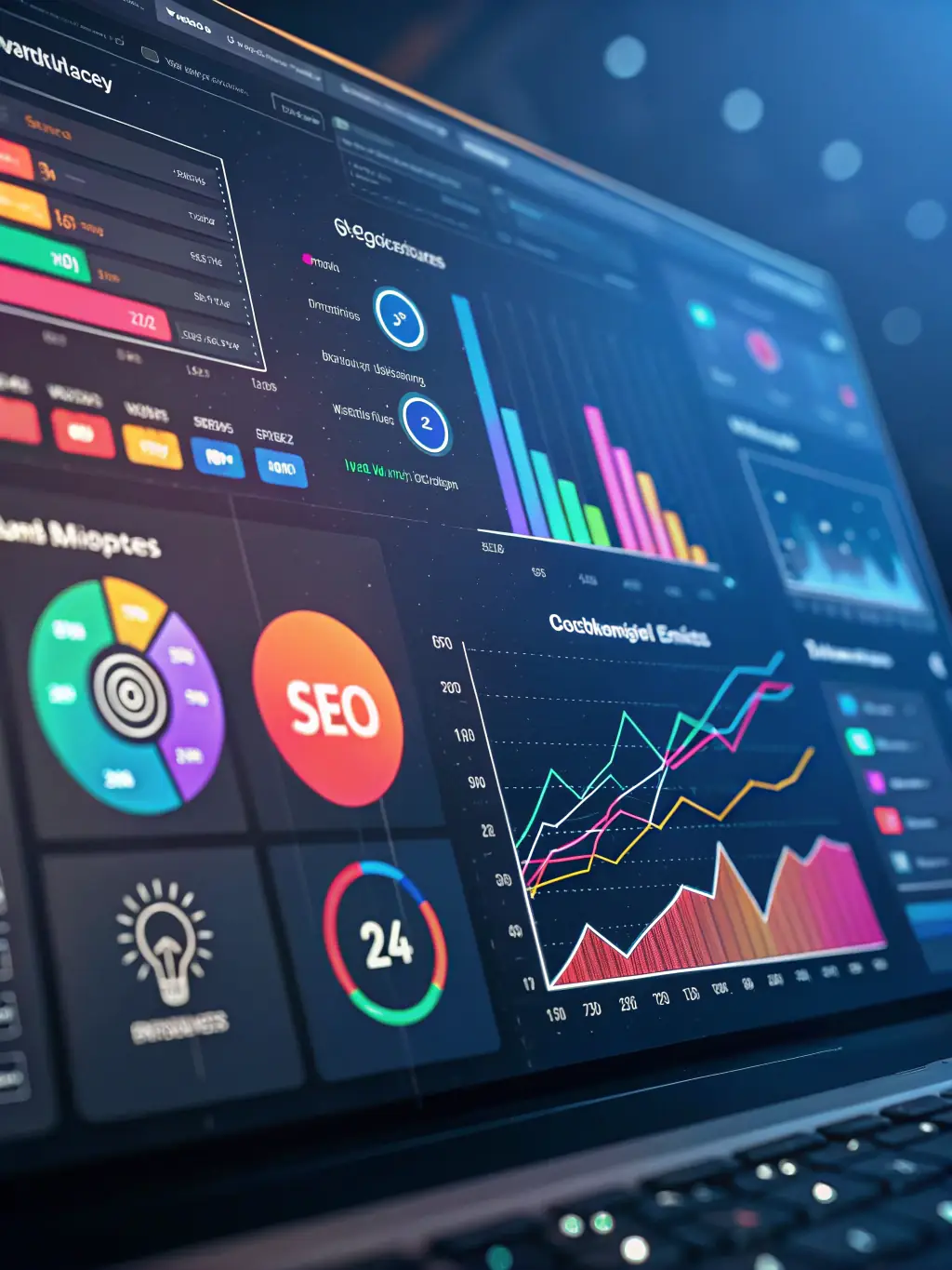 A dynamic dashboard interface with real-time data streams and automated lead generation charts, visualizing the J3 AdFactory™ in action.