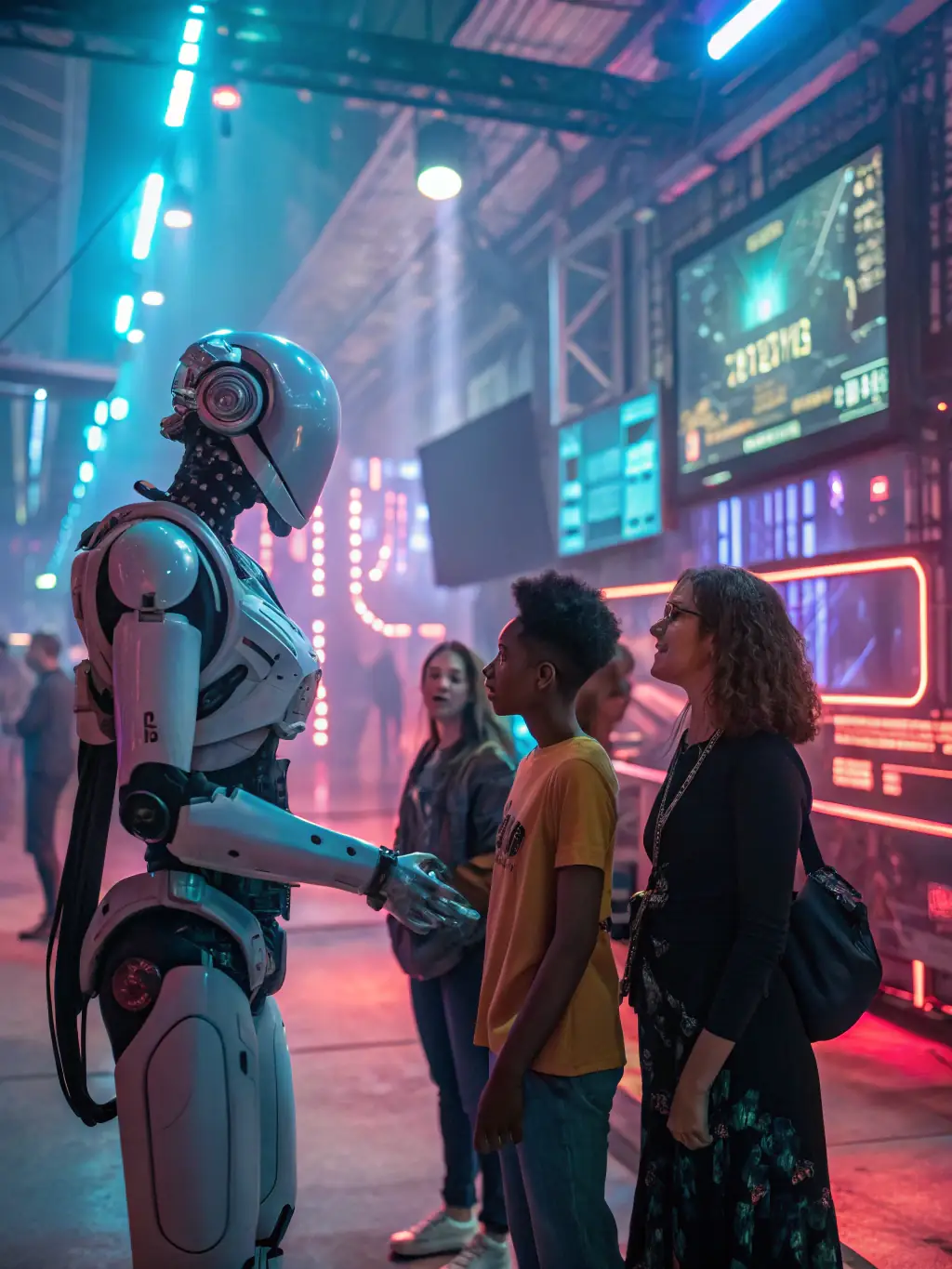 A team of AI-powered robots working collaboratively in a virtual office space, symbolizing Antigravity Agents automating tasks.